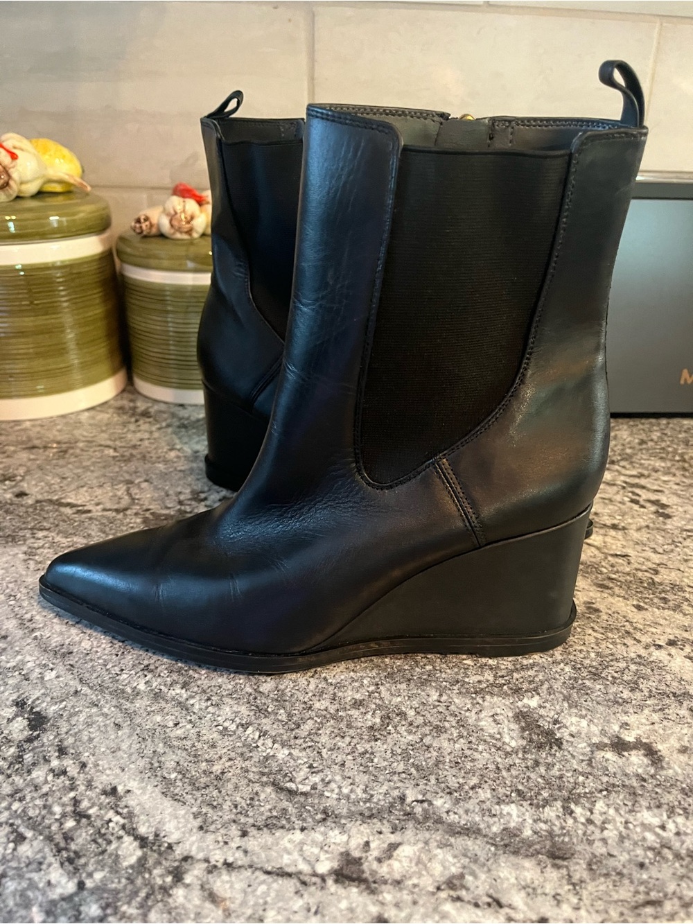 Franco Sarto Women's Black Leather Pointed Toe Wedge Booties Sz 7.5 NWOB
